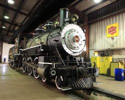 Texas State RR 201 inside the Rusk shops. The engine is a 4-6-0 built by Cooke in 1901 as Texas & Pacific 316.
