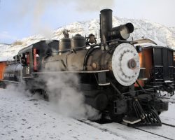 SP 18 ready to go with our train as the sun rises in Durango on Saturday, Feb 16, 2019
