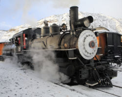 SP 18 ready to go with our train as the sun rises in Durango on Saturday, Feb 16, 2019