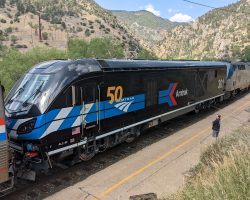 A first good look at AMTK 301 while the train makes a station stop at Glenwood Springs for a surprisingly large number of passengers