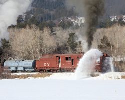 Just past the first crossing, OY finds a little snow to toss around