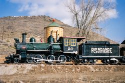 RGS 20 once it arrived at the new Colorado Railroad Museum in Golden, on Mar 16, 1964. Still with colorful paint, but at least the white logo and number have been restored. Andy Payne slide, Nathan Holmes collection