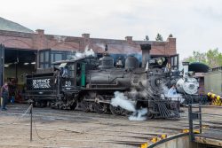 The moment the Club members have been waiting on - RGS 20 steams out of the roundhouse and on to the table.
