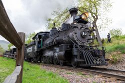 20 steams its way up-grade into No Agua at the top of the museum grounds for the RMRRC on May 16, 2021