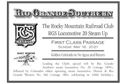 The Rocky Mountain Railroad Club's official ticket for finally getting a second ride behind the locomotive it owned for 74 years. This was our 2021 annual picnic, held out at the Colorado Railroad Museum.