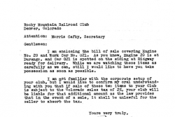 Letter to Morris Cafky with the bill of sale for 20 and car 021