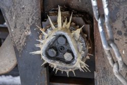 Sometimes something truly disgusting forms art. You know that yellow snow they warn you about? If you get a dripping leak in the retention tank above a rotating bearing in sub-freezing conditions, you get yellow icicles.