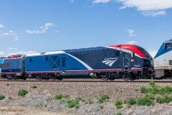AMTK 70003, the train set's locomotive and one of the new dual-power ALC42E variants. It can run on its internal diesel, or from overhead catenary using the auxiliary power vehicle (APV) behind it.