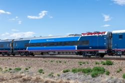 The unique piece of this new Airo set is the auxiliary power vehicle, or APV. This is AMTK 71301. The car serves as the pickup for the overhead catenary with the two onboard pantographs. The 12.5kV or 25kV 60Hz AC is then converted through an underslung transformer and rectifiers into DC, which is fed into the mated ALC42E's high voltage DC link. The car also has 4 traction motors and traction inverters to supplement the ALC42E. The car also serves as the business class coach.